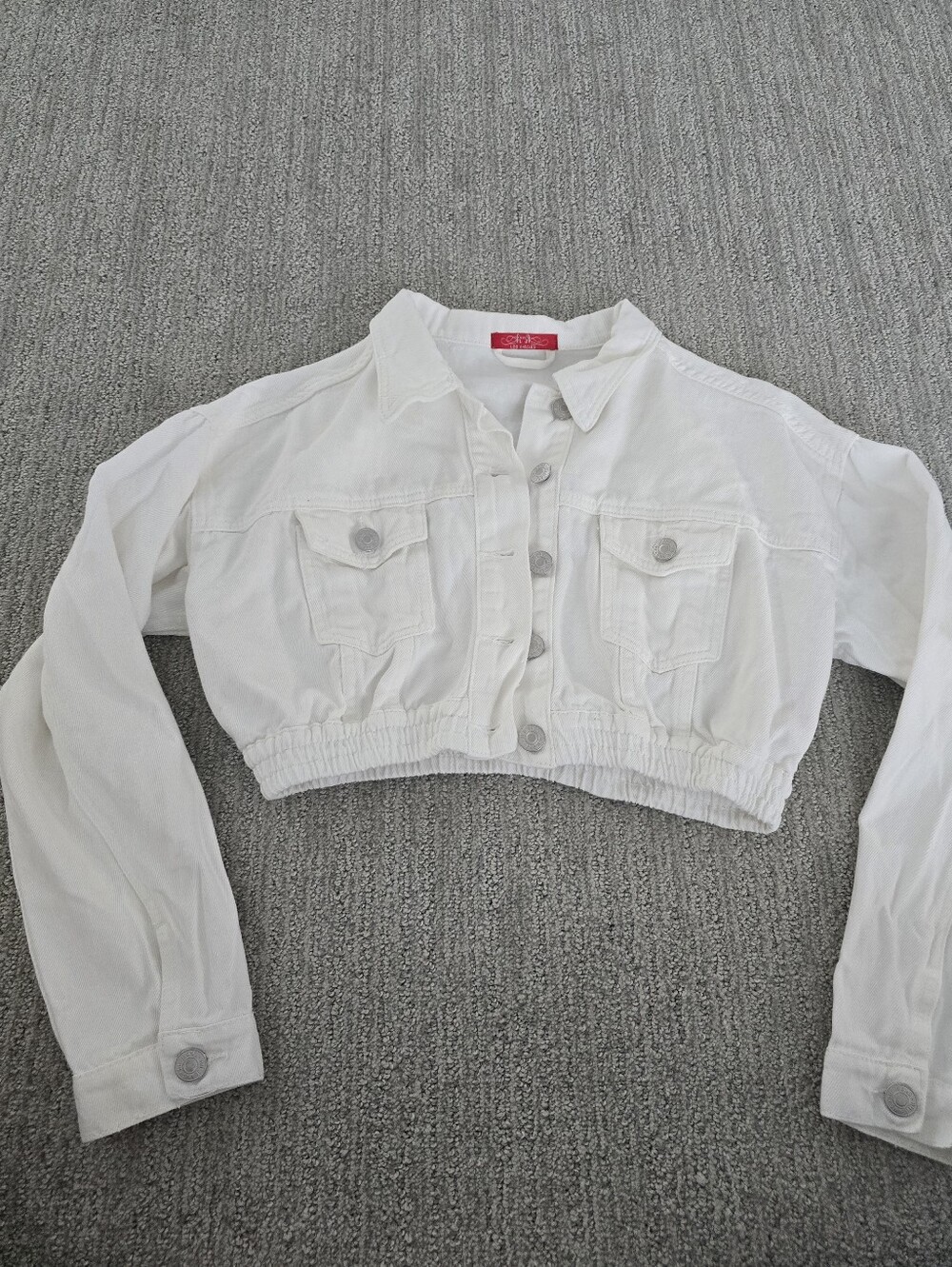 Cropped White Button-Up Denim Jacket 100% Cotton Elastic Waist